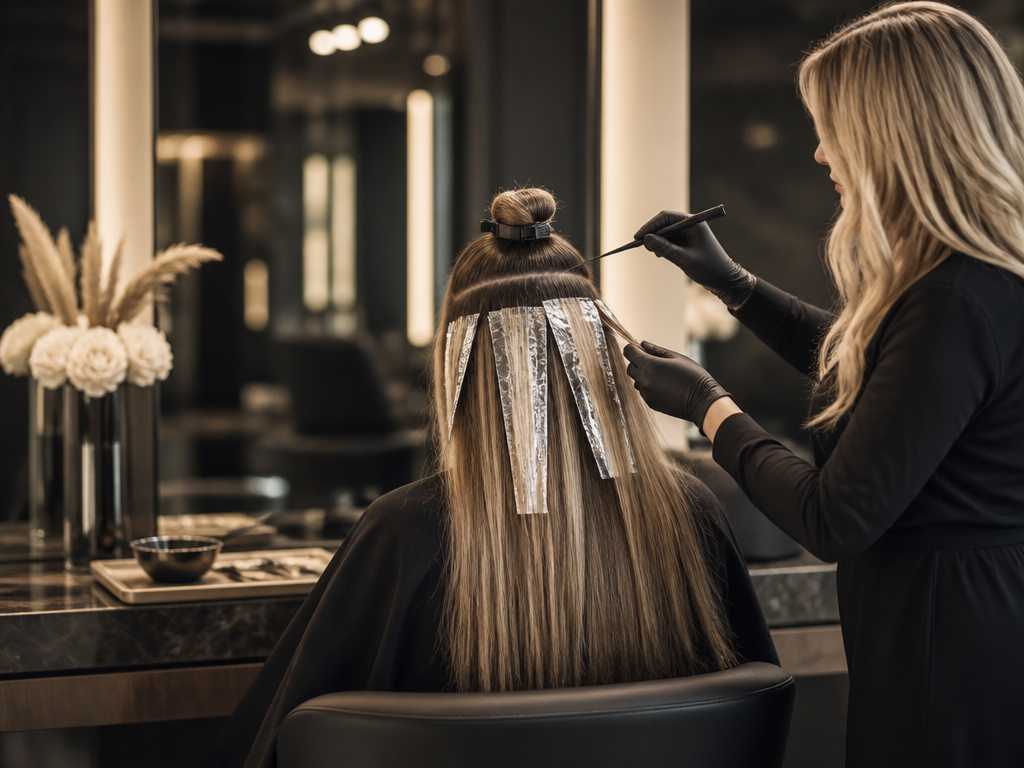 Fine hair highlights being applied in a luxury salon