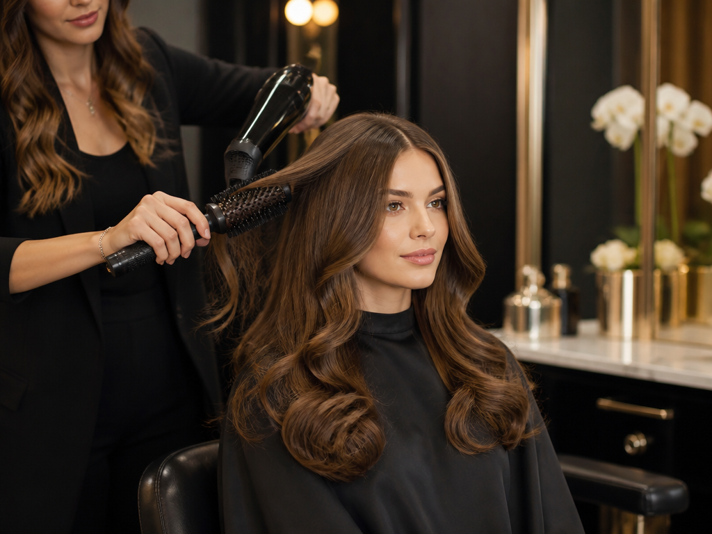 Luxury hair styling with glossy waves at Dhun Salon