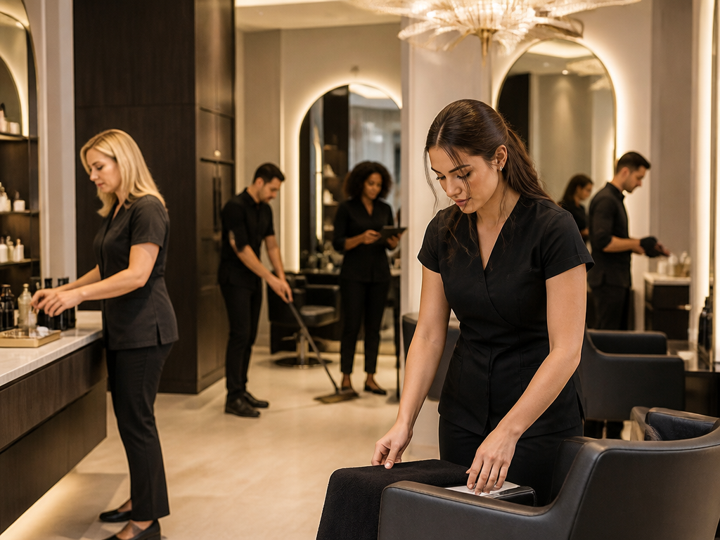 Premium salon team preparing a refined beauty space